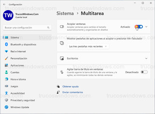 Windows 11 - Sistema > Multitarea - Acoplar ventanas