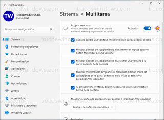 Windows 11 - Sistema > Multitarea - Opciones para acoplar ventanas