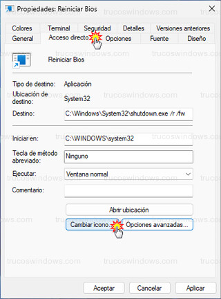 Propiedades: Reiniciar BIOS - Cambiar icono...