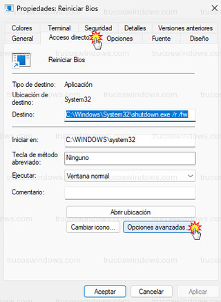 Propiedades: Reiniciar BIOS - Opciones avanzadas