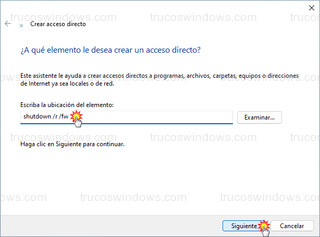 Crear acceso directo - shutdown /r /fw