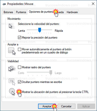 Windows 10 - Opciones de puntero en Windows 10