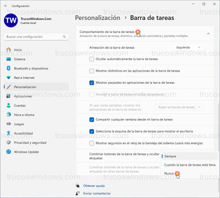 Personalización > Barra de tareas > Comportamiento de la barra de tareas - Combinar botones de la barra de tareas y ocultar etiquetas