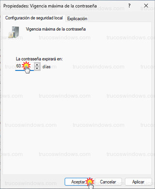 Editor de directivas de grupo local - La contraseña expirará en: 60 días
