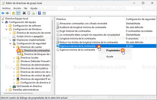 Editor de directivas de grupo local - Vigencia máxima de la contraseña