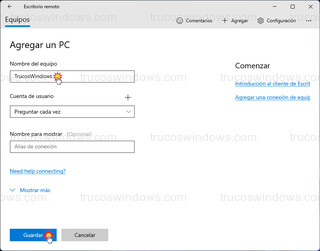 Microsoft Remote Desktop - Agregar un PC > Nombre del equipo