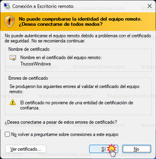 Conexión a Escritorio remoto - Errores de certificado