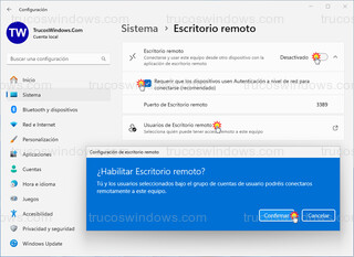 Windows 11 > Sistema > Escritorio remoto - Habilitar Escritorio remoto