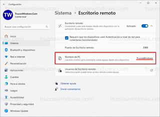 Windows 11 > Sistema > Escritorio remoto - Nombre de PC