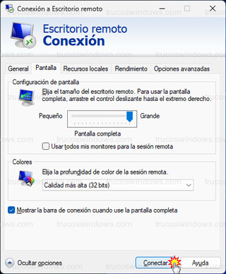 Conexión a Escritorio remoto - Opciones extras > Conectar