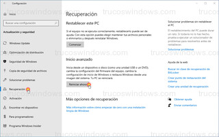 Windows 10 > Recuperación - Inicio avanzado > Reiniciar ahora