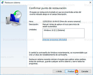 Windows 10 - Confirmar punto de restauración