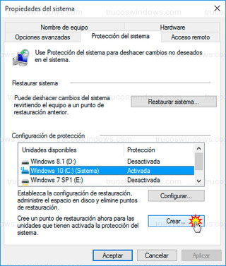 Windows 10 - Crear punto de restauración
