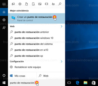 Windows 10 - Menú inicio - Punto de restauración