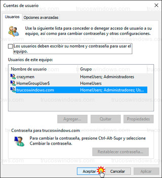 Windows 10 - Cuentas de usuario > aceptar