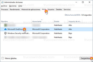 Windows 10 - Administrador de tareas > Inicio