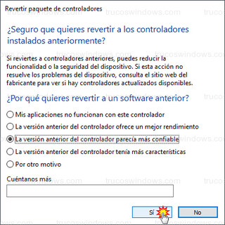 Revertir paquete de controladores - Revertir a los controladores instalados anteriormente