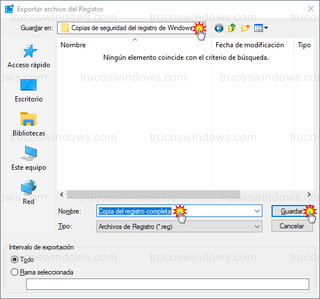 Exportar archivo del Registro - Copia del registro completa