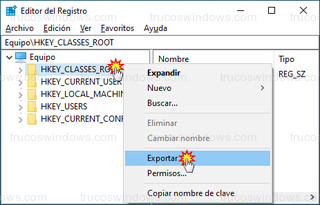 Editor del Registro - Exportar desde la rama