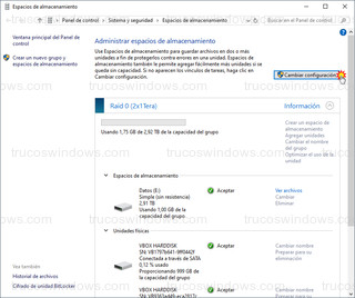 Espacios de almacenamiento - Cambiar configuración