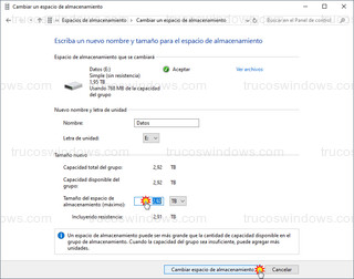 Administrar espacios de almacenamiento - Cambiar espacio de almacenamiento