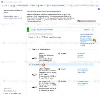 Administrar espacios de almacenamiento - Cambiar el nombre del grupo