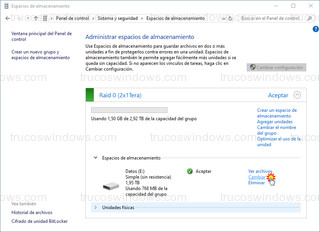 Administrar espacios de almacenamiento - Cambiar tamaño del espacio