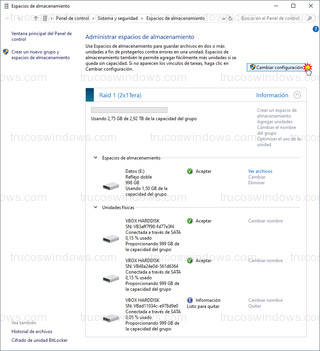 Espacios de almacenamiento - Cambiar configuración