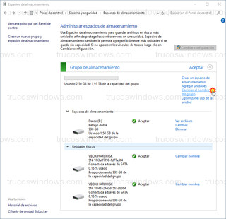 Espacios de almacenamiento - Cambiar nombre del grupo y unidades físicas del Raid