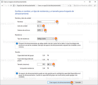 Crear un espacio de almacenamiento - Configuración para crear Raid 1