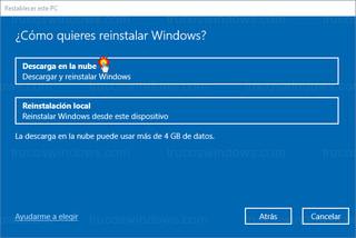 Restablecer este PC - Descarga en la nube