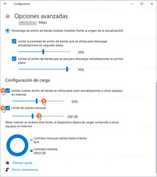 Configuración de carga - Limitar ancho de banda y límite de subida mensual