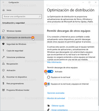 Optimización de distribución - Permitir descargas de otros equipos