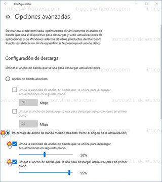 Configuración de descarga - Porcentaje de ancho de banda medido