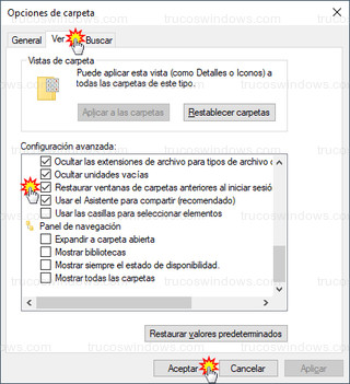Opciones de carpeta - Restaurar ventanas de carpetas anteriores al iniciar sesión