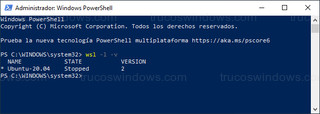 Windows PowerShell - Ubuntu ejecutandose con WSL 2