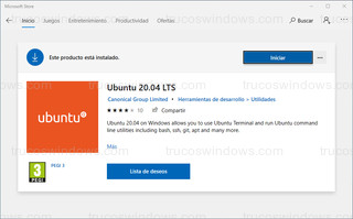 Microsoft Store - Ubuntu 20.04 LTS instalado