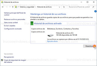 Historial de archivos - Desactivar