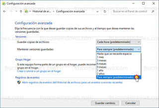 Configuración avanzada - Mantener versiones guardadas