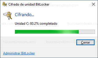 Cifrado de unidad BitLocker - Cifrando... Unidad C: 80.2% completado