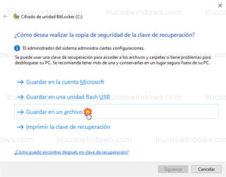 Cifrado de unidad BitLocker - Copia de seguridad de la clave de recuperación - Guardar en un archivo