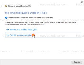 Cifrado de unidad BitLocker - Desbloquear la unidad en el inicio - Escribir una contraseña