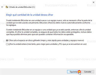 Cifrado de unidad BitLocker - Elegir qué cantidad de la unidad desea cifrar