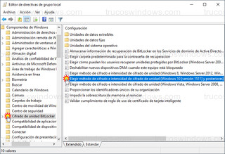 Editor de directivas de grupo local - Elegir método de cifrado e intensidad de cifrado de unidad