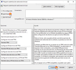 Requerir autenticación adicional al iniciar - Habilitada, permitir BitLocker sin un TPM compatible