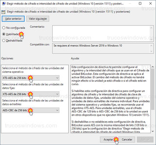 Elegir método de cifrado e intensidad de cifrado de unidad - Habilitada, XTS-AES de 256 bits y AES-CBC de 256 bits