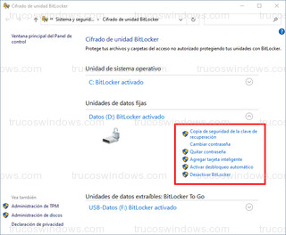 Cifrado de unidad BitLocker - Opciones de la unidad