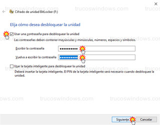 Cifrado de unidad BitLocker - Usar una contraseña para desbloquear la unidad F: