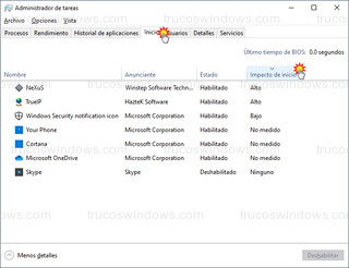 Administrador de tareas - Inicio > Impacto de inicio
