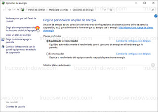 Opciones de energía - Elegir el comportamiento de los botones de inicio/apagado